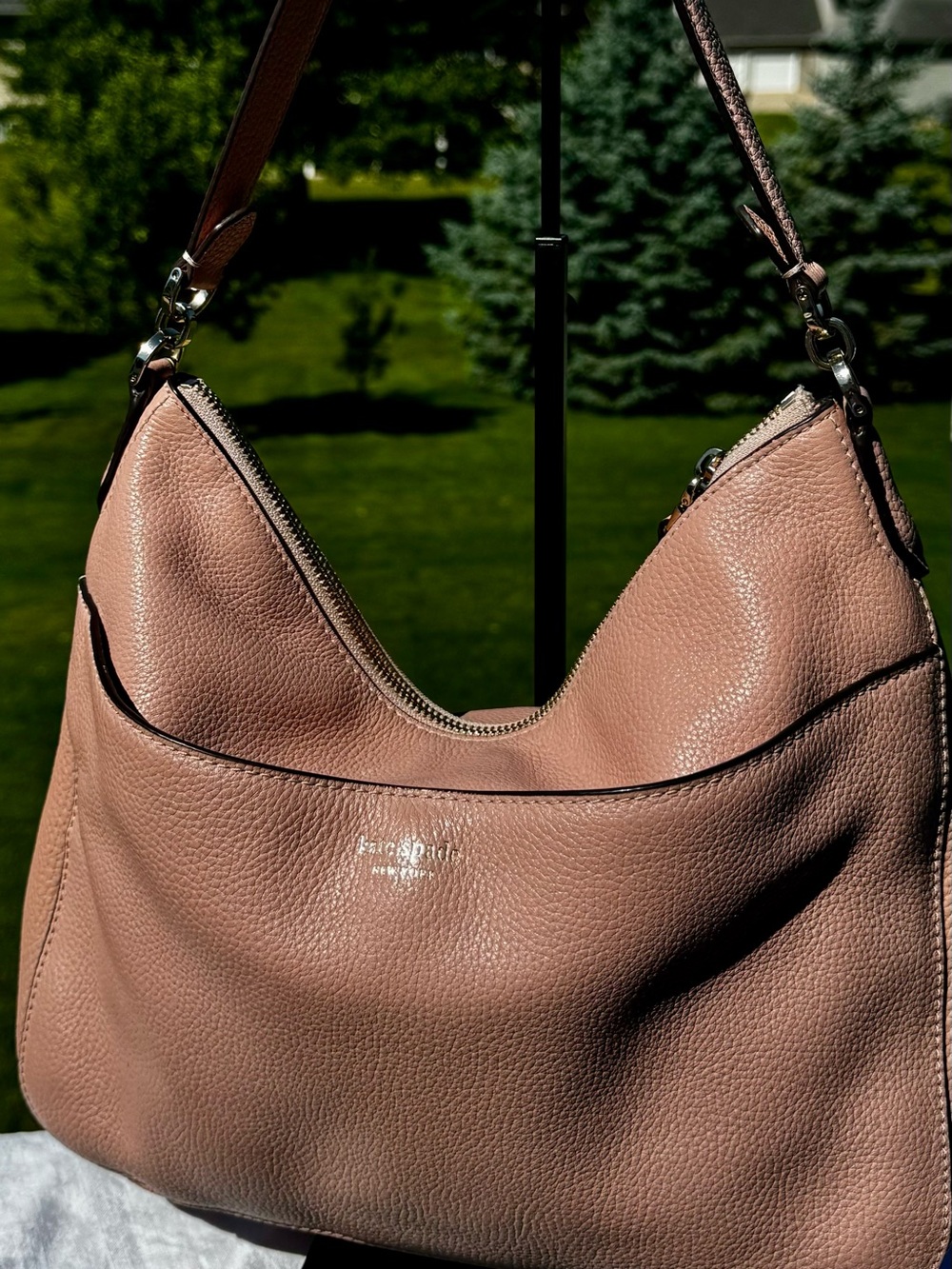 Kate Spade New York Blush Pink Pebbled Leather Hobo Shoulder Bag Zip Top